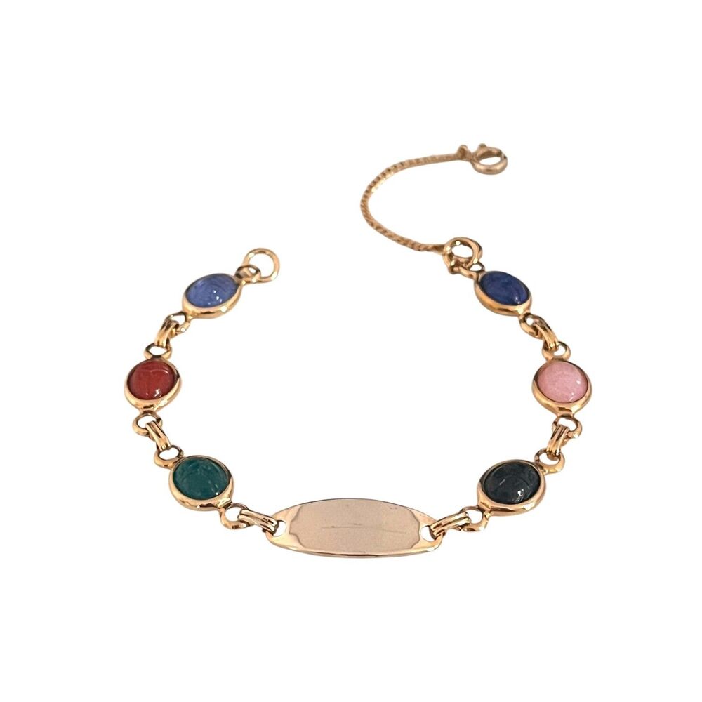 Vintage 1970s Scarab ID Bracelet Multicolor Cabochon Gold Tone - 5V